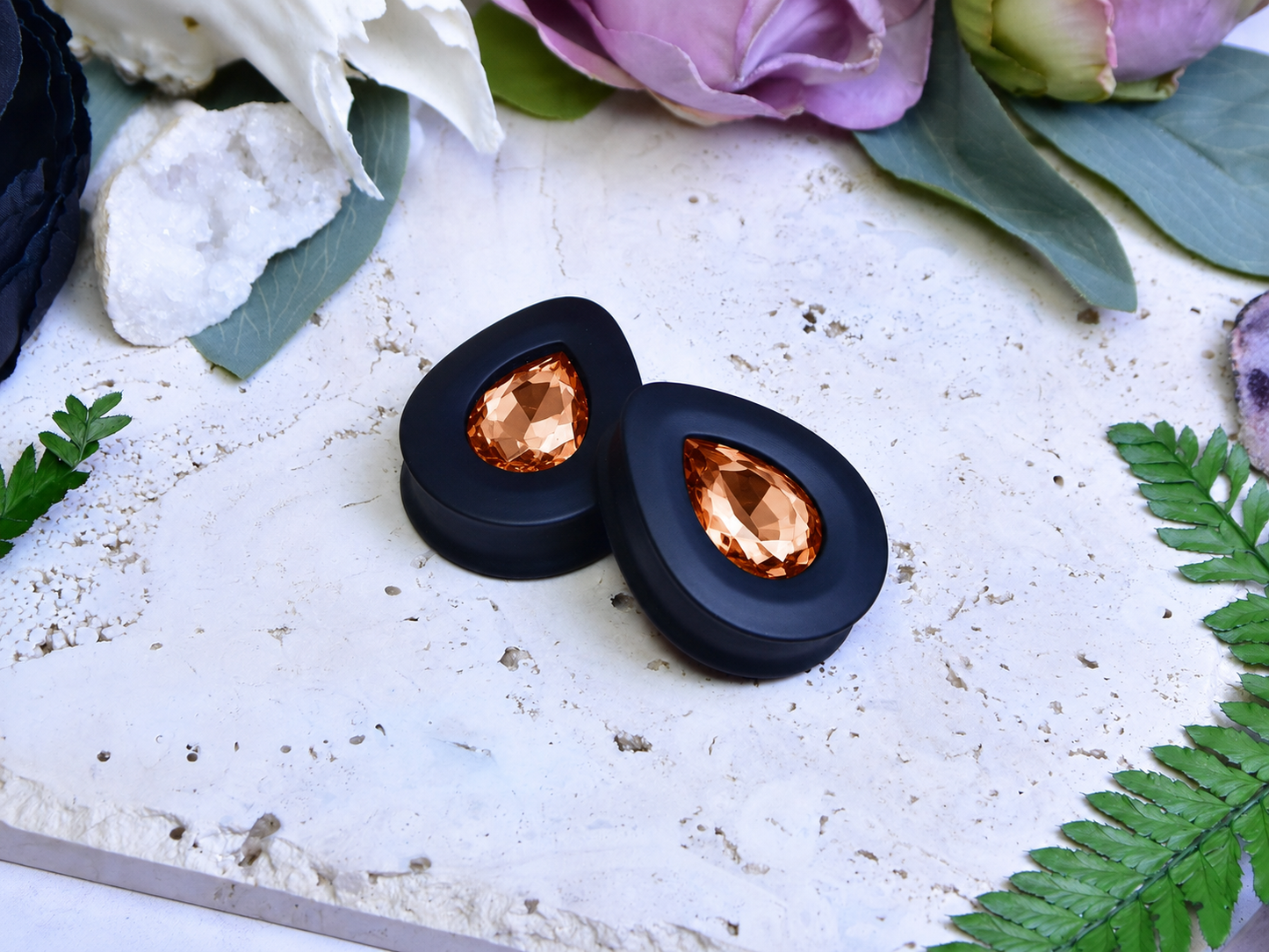 Teardrop Ear Plugs with Glass Crystal - Light Peach