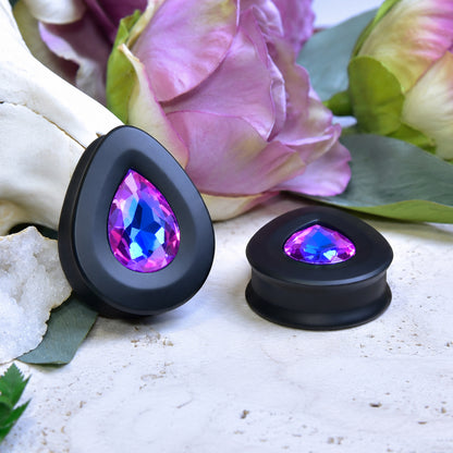 Teardrop Ear Plugs with Glass Crystal - Violet Blue