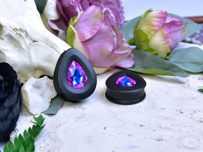 Teardrop Ear Plugs with Glass Crystal - Violet Blue