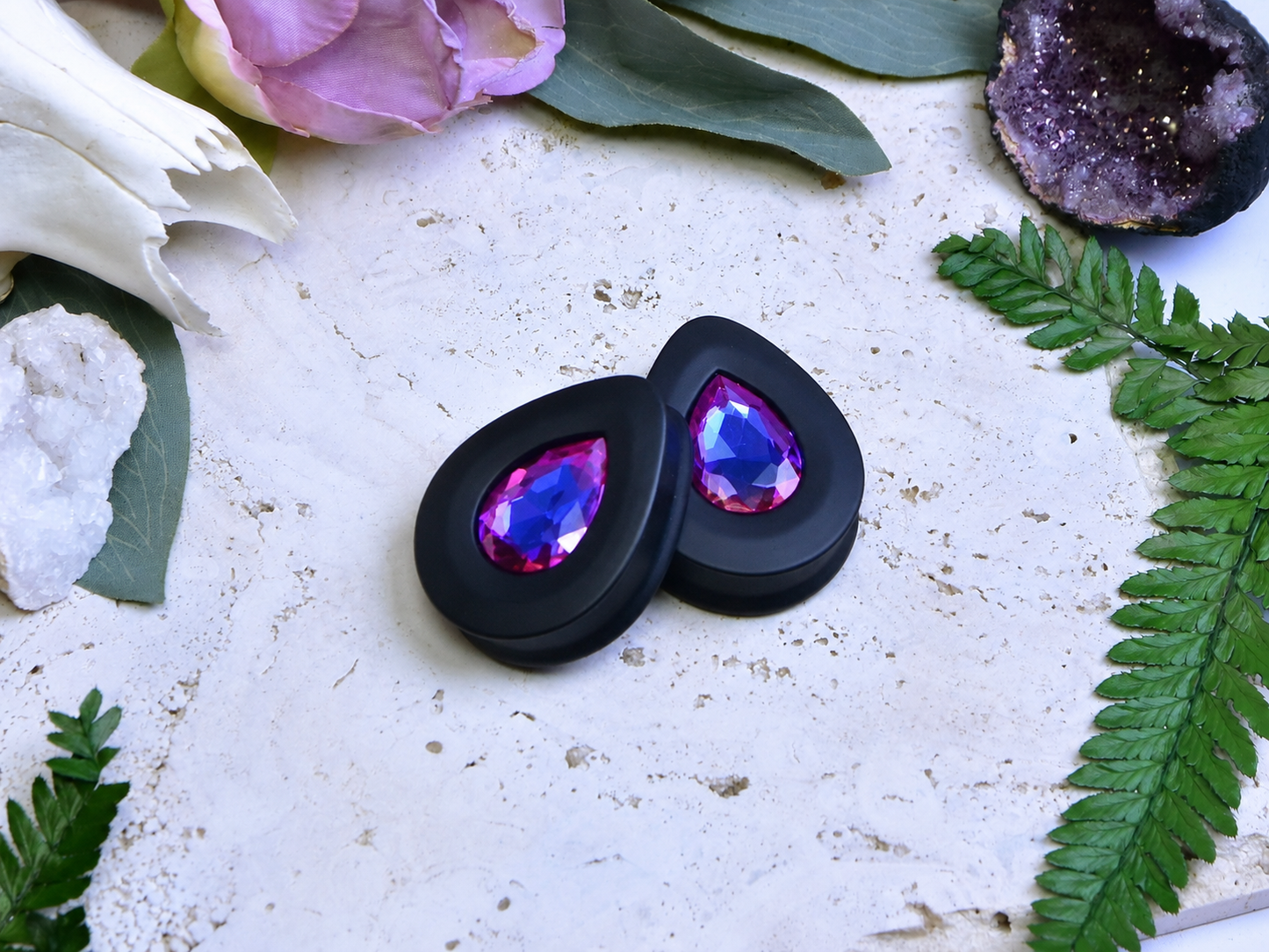 Teardrop Ear Plugs with Glass Crystal - Violet Blue