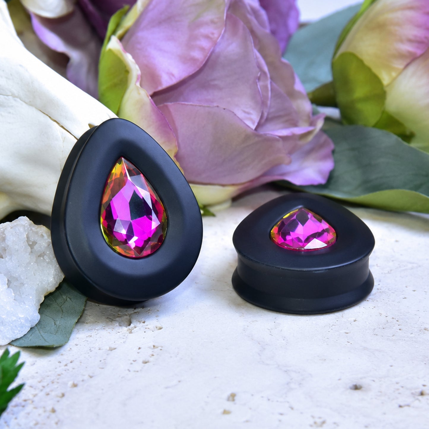 Teardrop Ear Plugs with Glass Crystal - Heliotrope