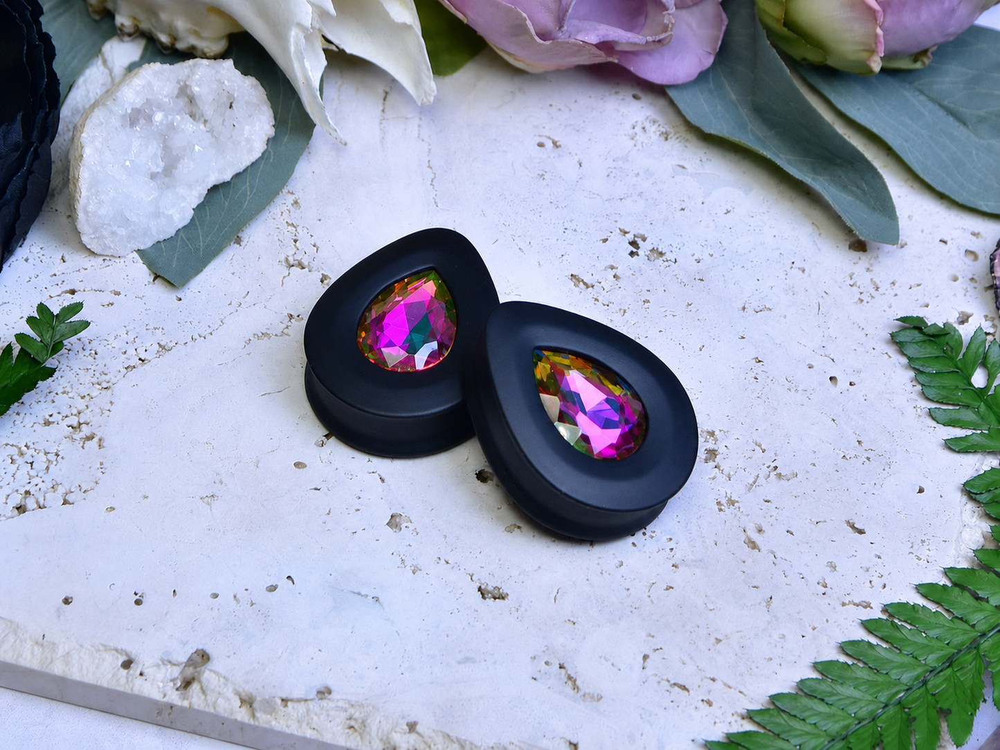 Teardrop Ear Plugs with Glass Crystal - Heliotrope