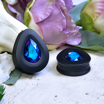 Teardrop Ear Plugs with Glass Crystal - Bermuda Blue