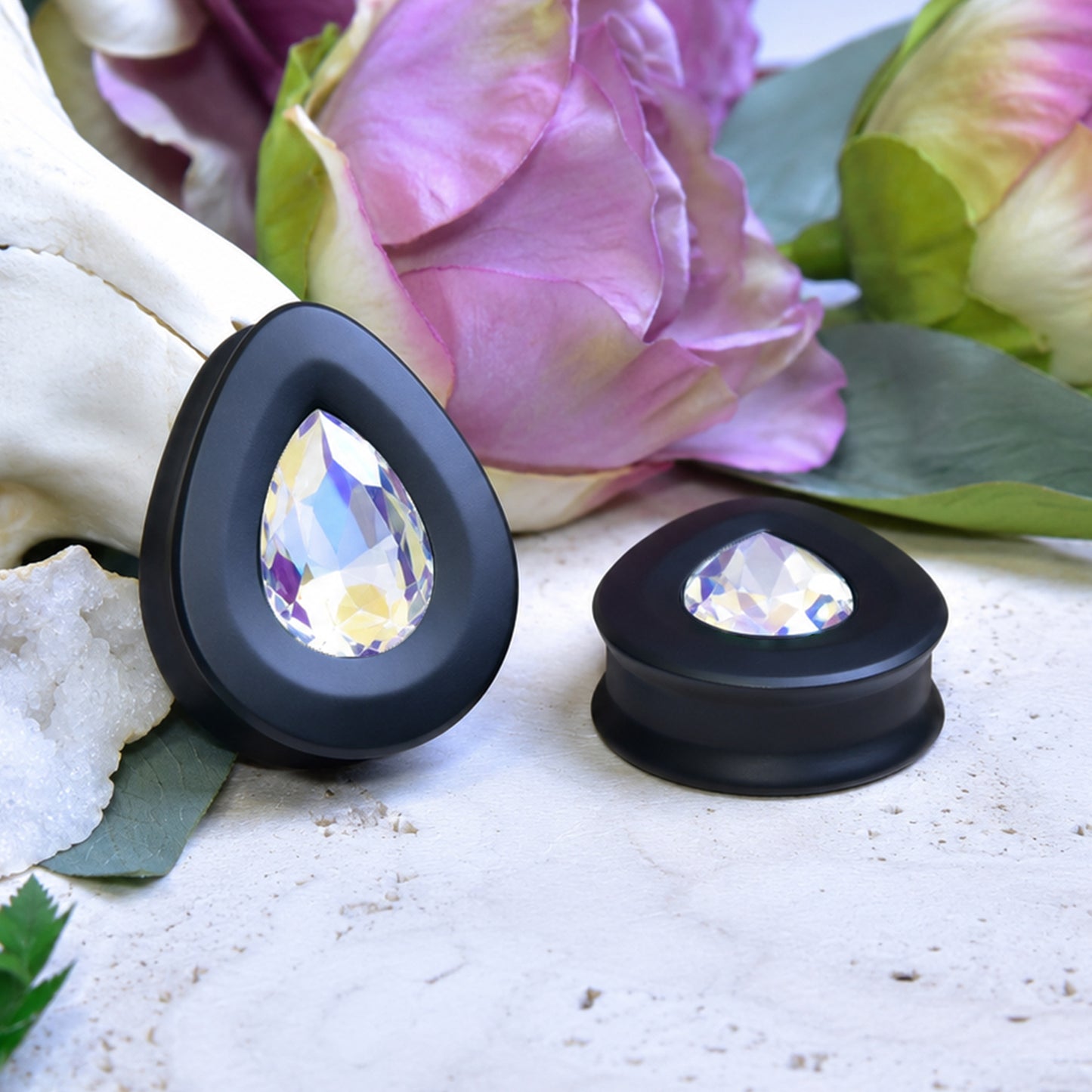 Teardrop Ear Plugs with Glass Crystal - Moonlight