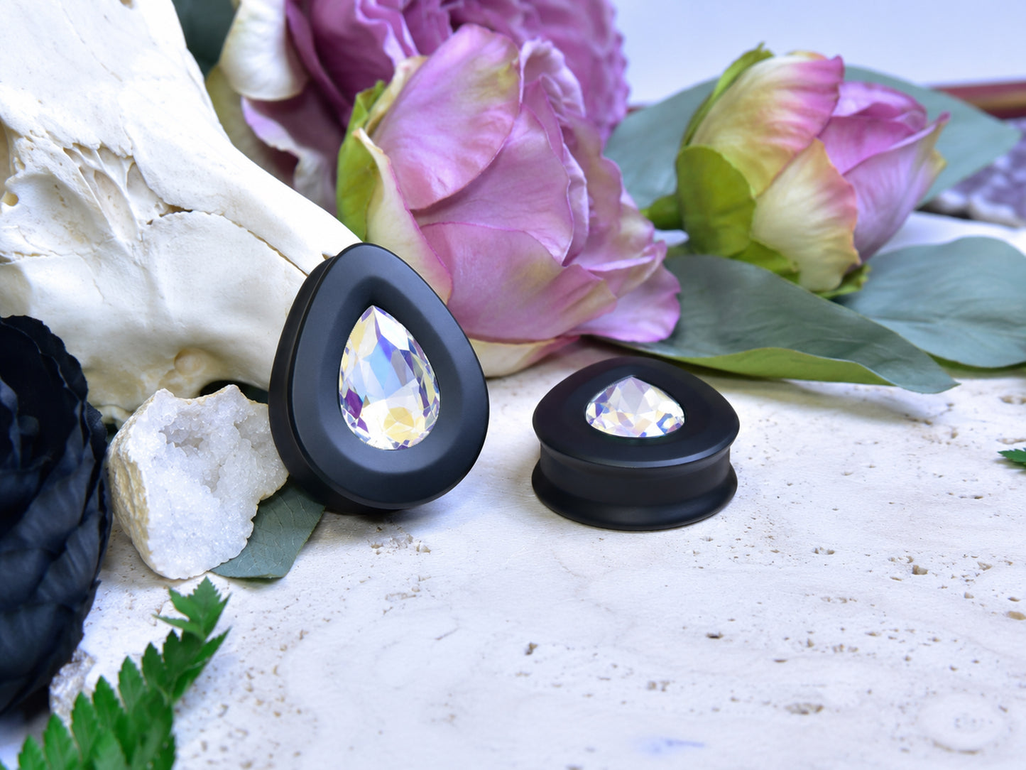Teardrop Ear Plugs with Glass Crystal - Moonlight