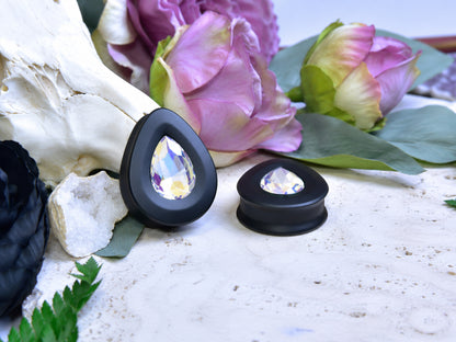 Teardrop Ear Plugs with Glass Crystal - Moonlight