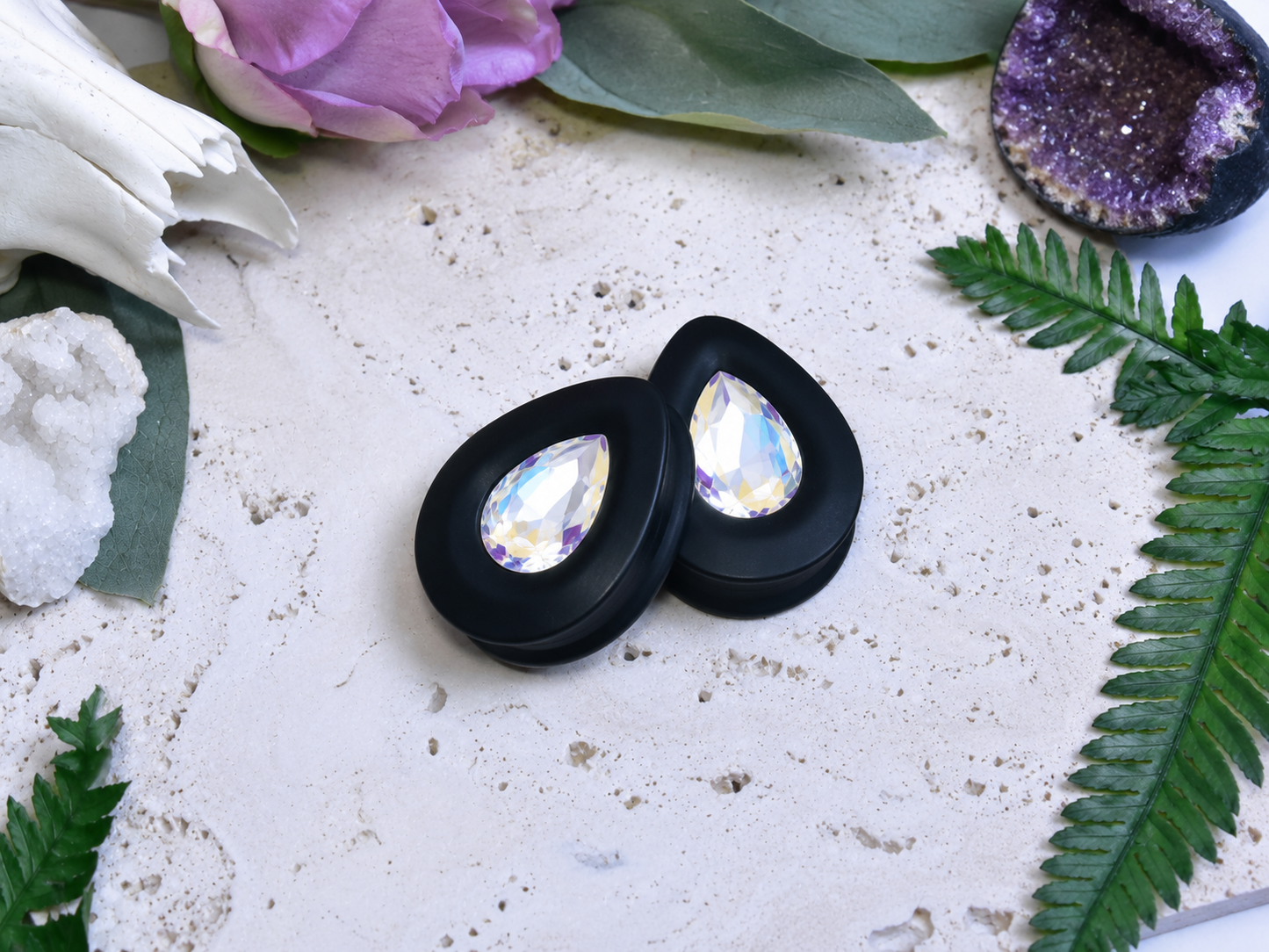Teardrop Ear Plugs with Glass Crystal - Moonlight