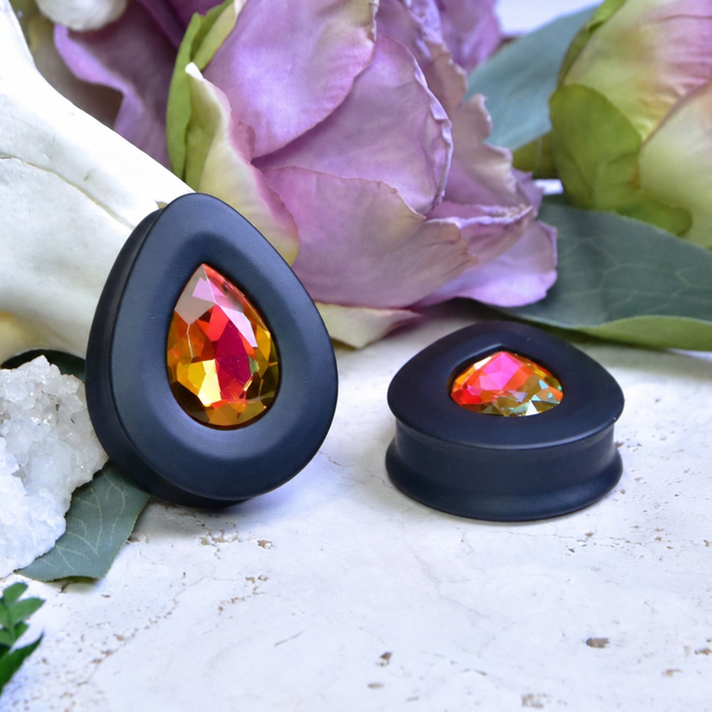 Teardrop Ear Plugs with Glass Crystal - Astral Pink