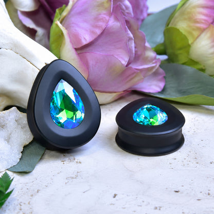Teardrop Ear Plugs with Glass Crystal - Aquamarine AB