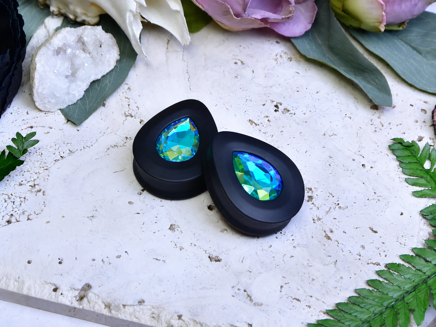 Teardrop Ear Plugs with Glass Crystal - Aquamarine AB