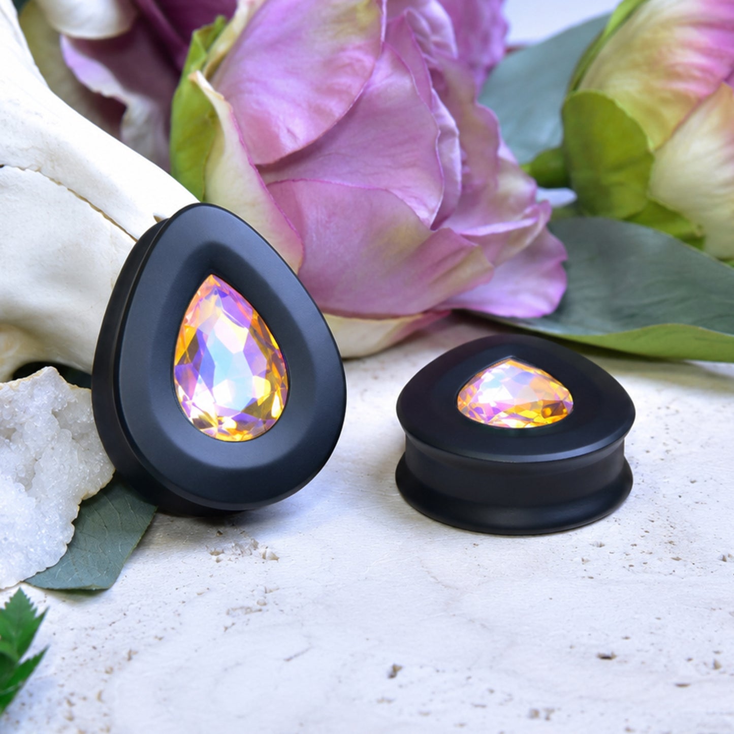 Teardrop Ear Plugs with Glass Crystal - Champagne Gold AB