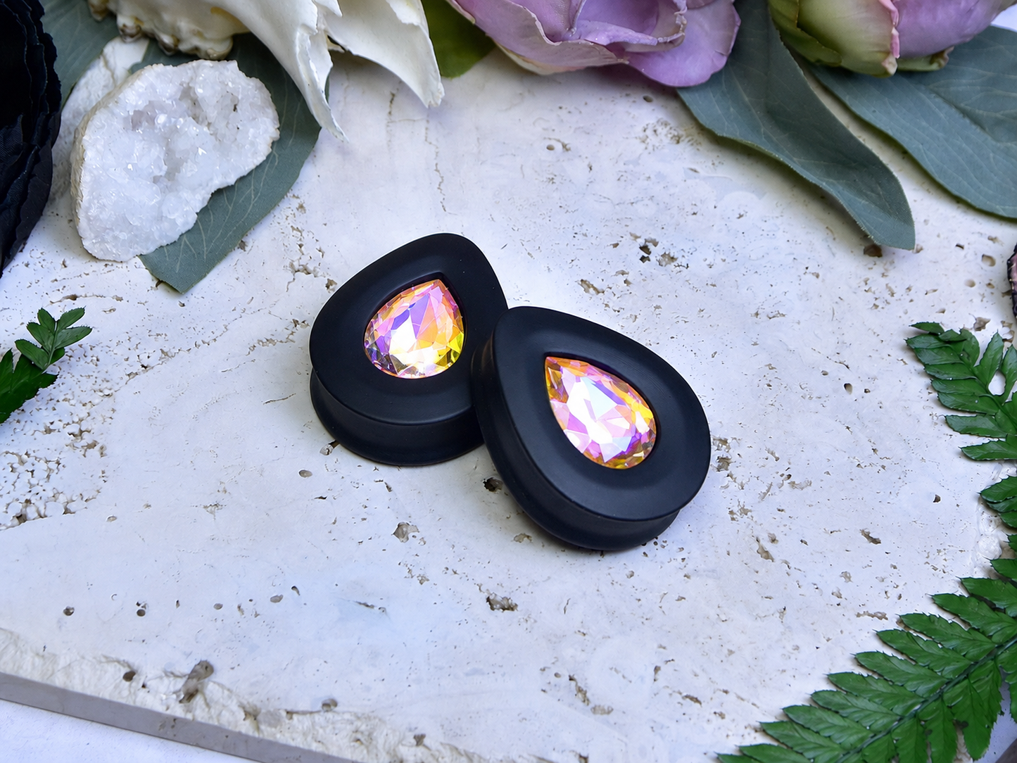 Teardrop Ear Plugs with Glass Crystal - Champagne Gold AB