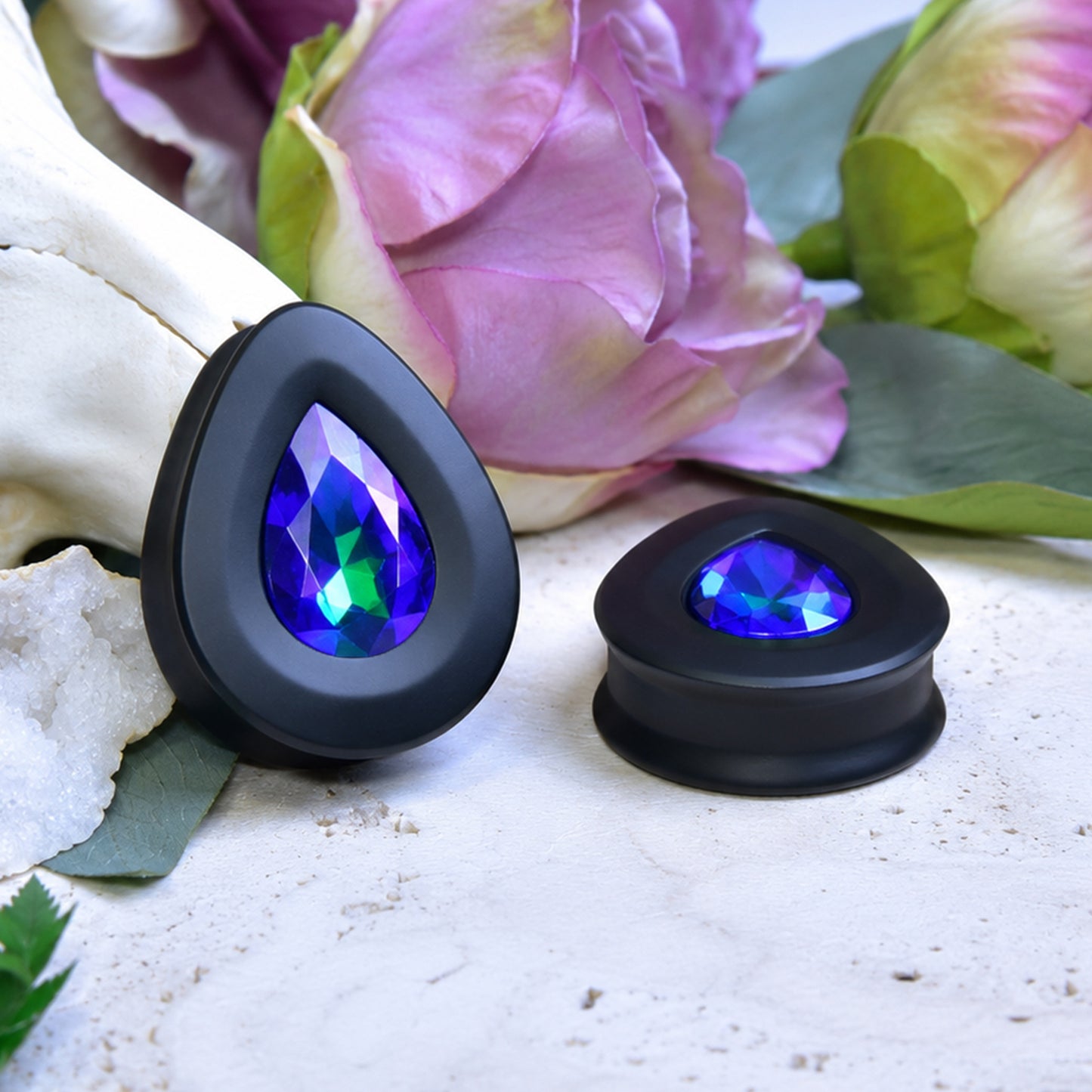 Teardrop Ear Plugs with Glass Crystal - Sapphire AB