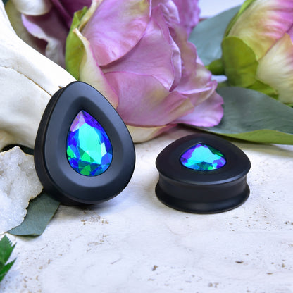 Teardrop Ear Plugs with Glass Crystal - Emerald AB