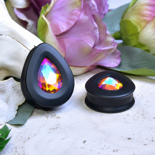 Teardrop Ear Plugs with Glass Crystal - Topaz AB