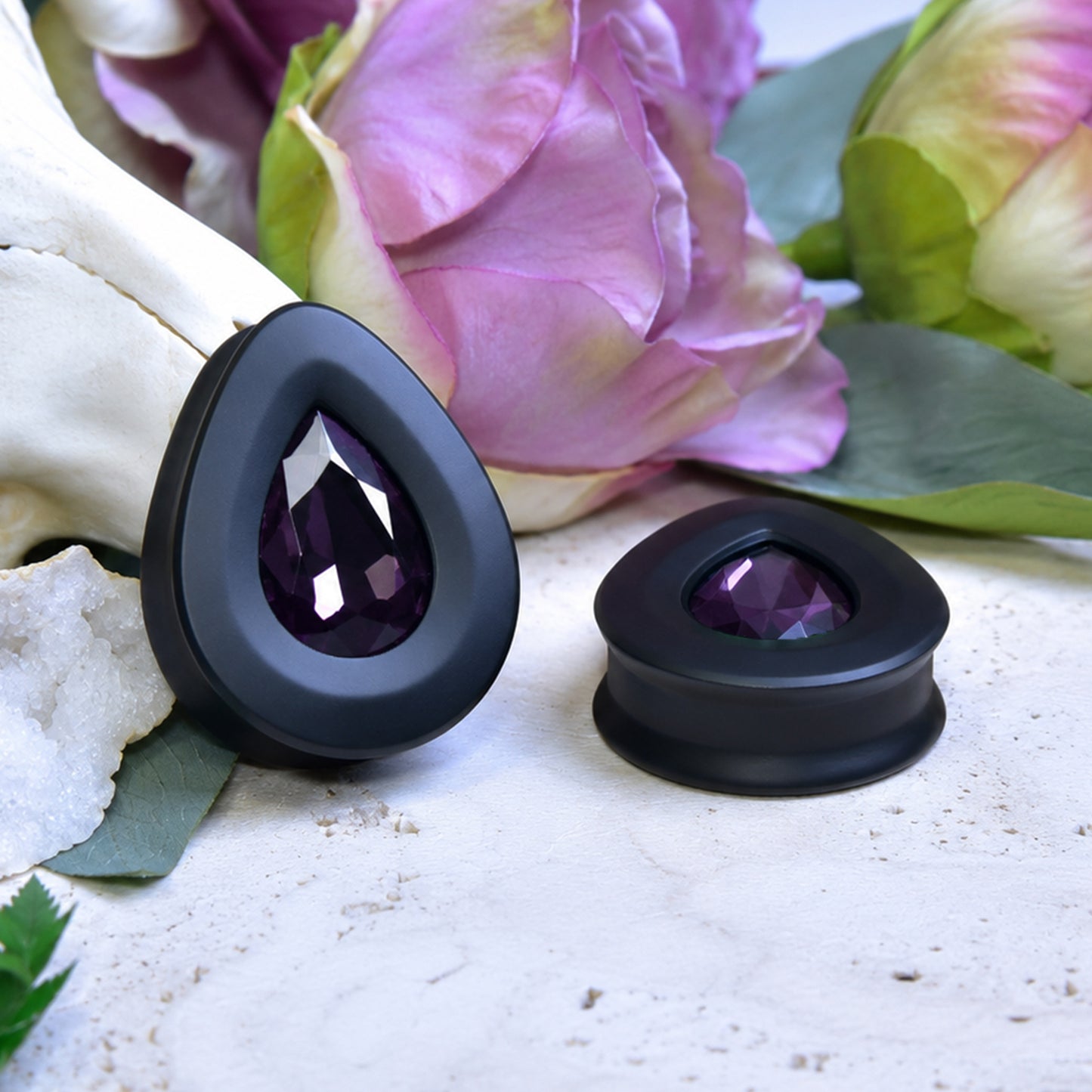 Teardrop Ear Plugs with Glass Crystal - Amethyst