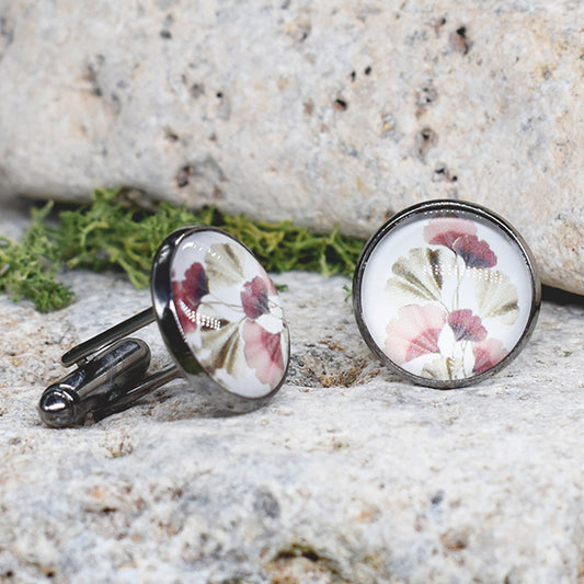 Black Steel Cufflinks with Abstract Ginkgo Biloba Cabochon