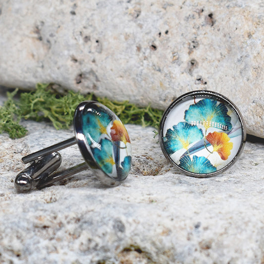 Black Steel Cufflinks with Abstract Ginkgo Biloba Cabochon