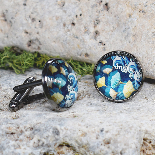 Black Steel Cufflinks with Abstract Ginkgo Biloba Cabochon