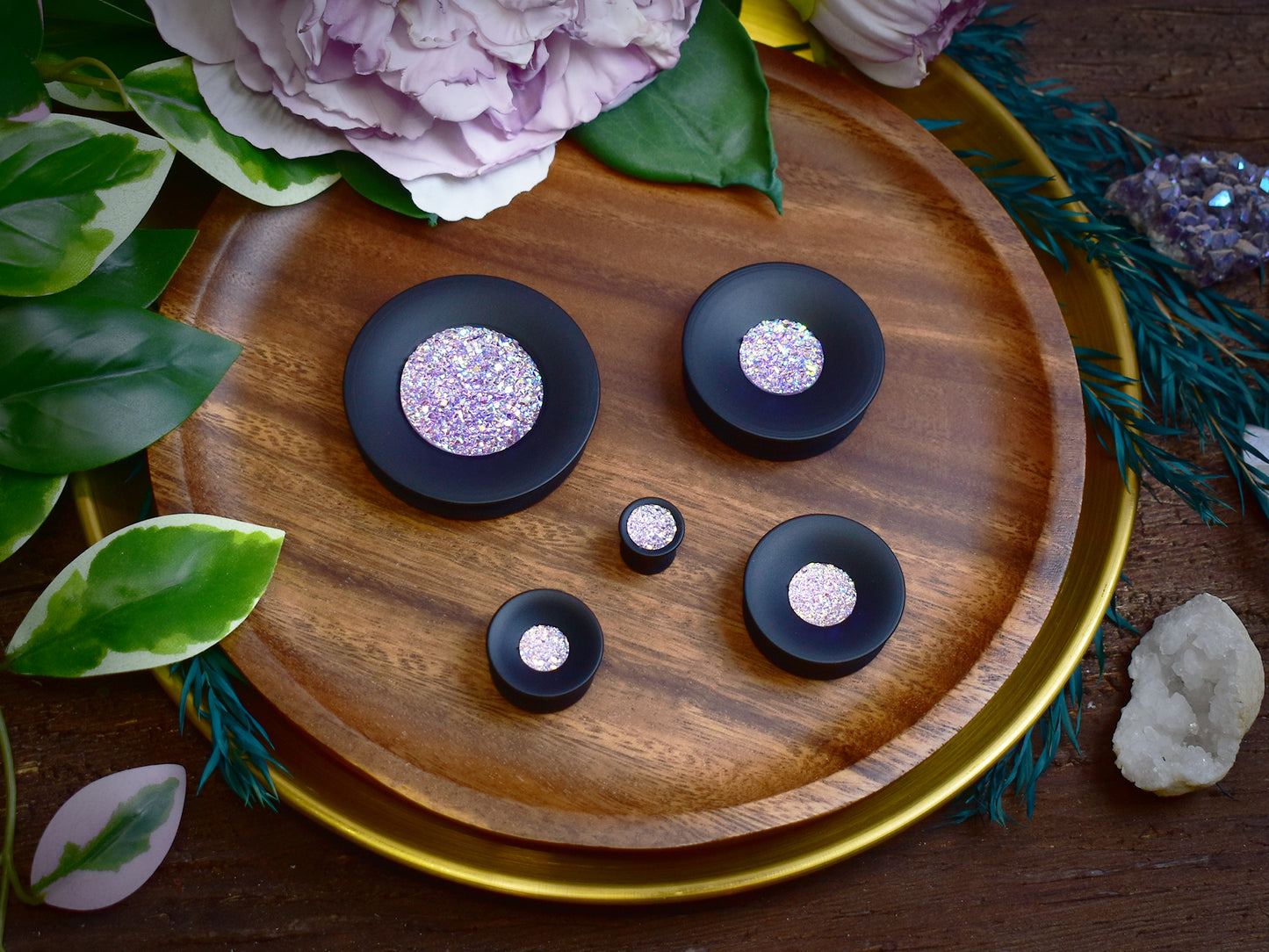 Concave Mayan Ear Plugs 10-100mm with Sugar Druzy