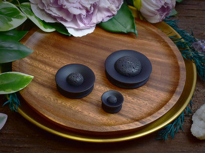 Concave Mayan Ear Plugs 10-80mm with Volcano Lava Cabochon
