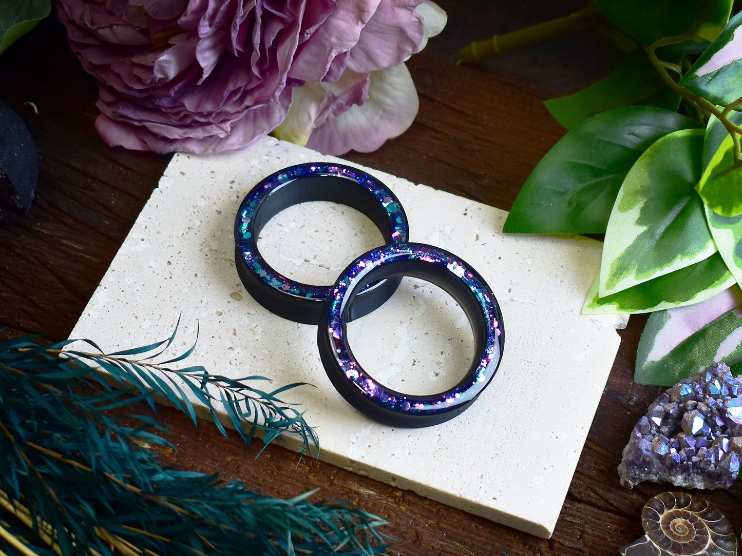 Túneles de oreja Donut 20–100mm con Purpurina Holográfica