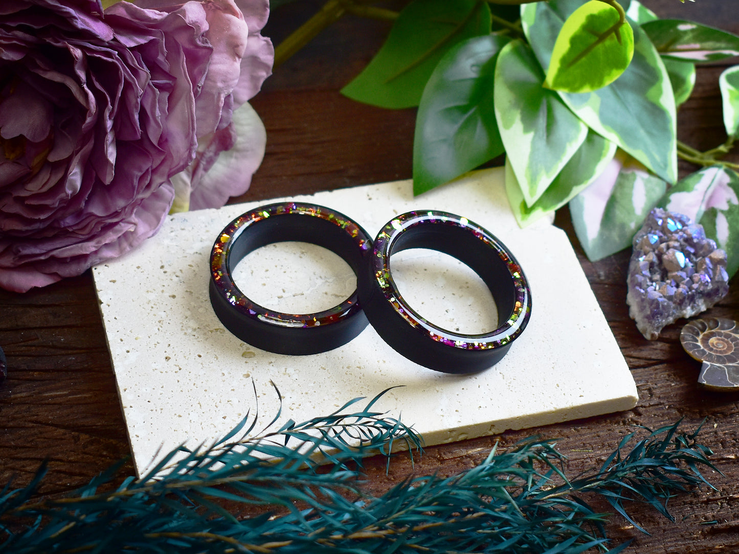 Túneles de oreja Donut 20–100mm con Purpurina Holográfica