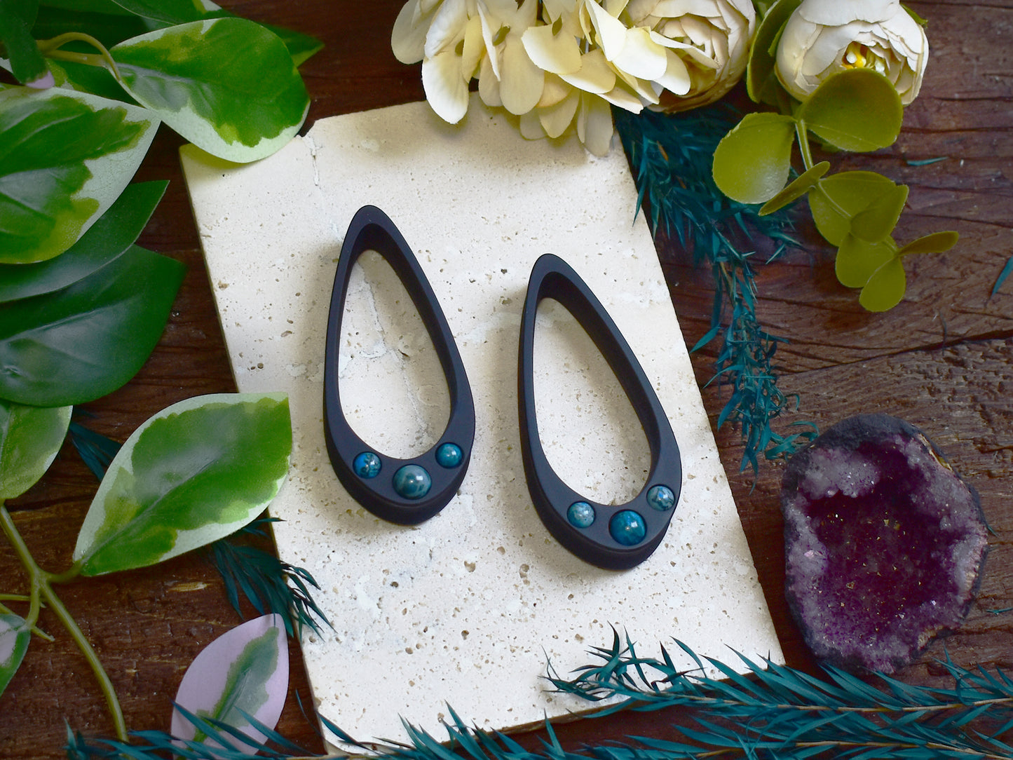 Long Teardrop Ear Plugs 25-100mm with Blue Crazy Lace Agate