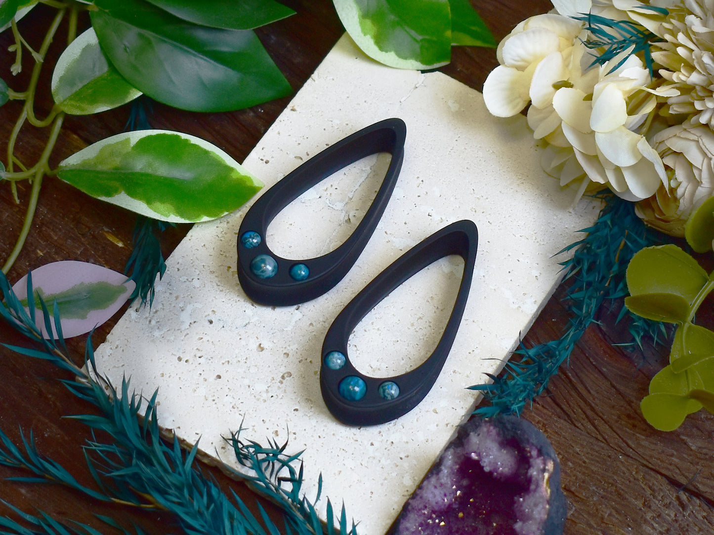 Long Teardrop Ear Plugs 25-100mm with Blue Crazy Lace Agate