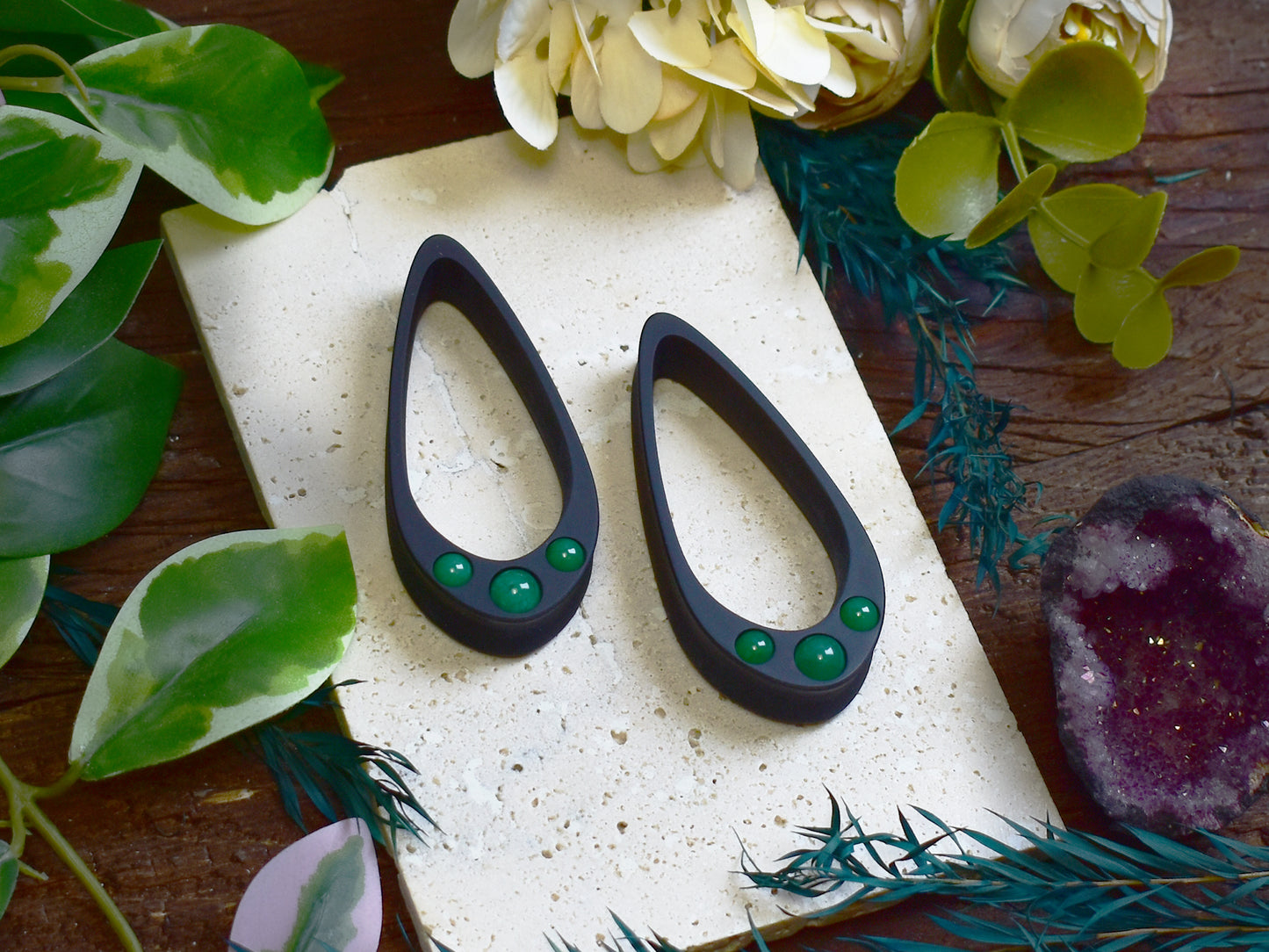 Long Teardrop Ear Plugs 25-100mm with Green Jade