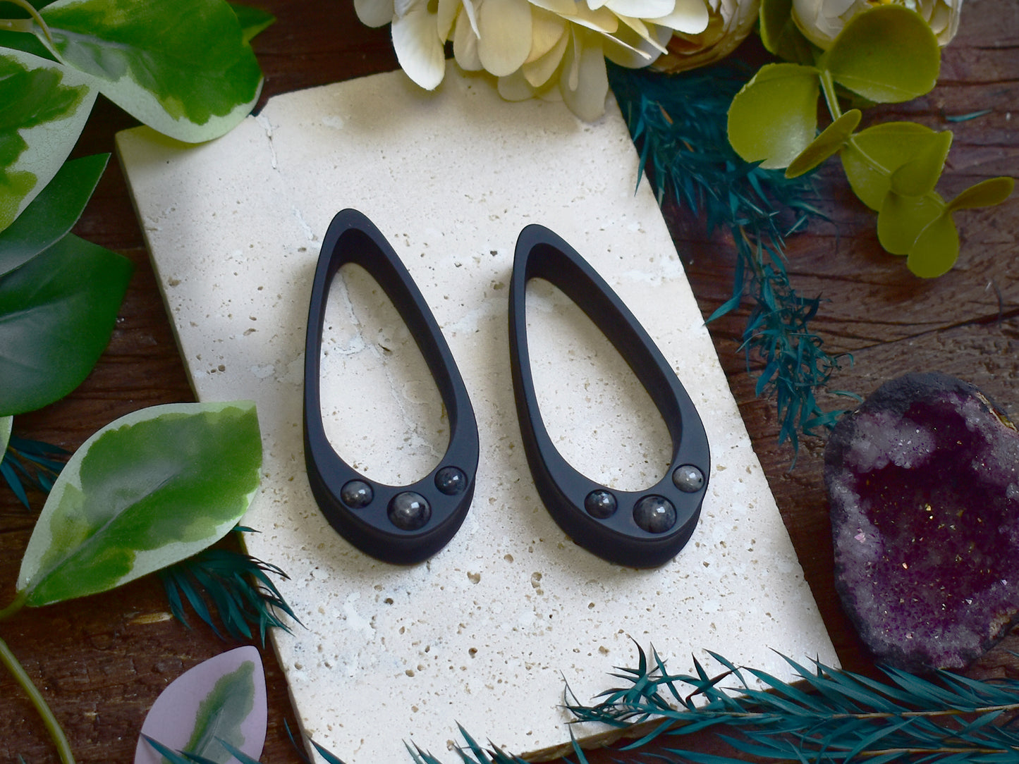 Long Teardrop Ear Plugs 25-100mm with Larvikite