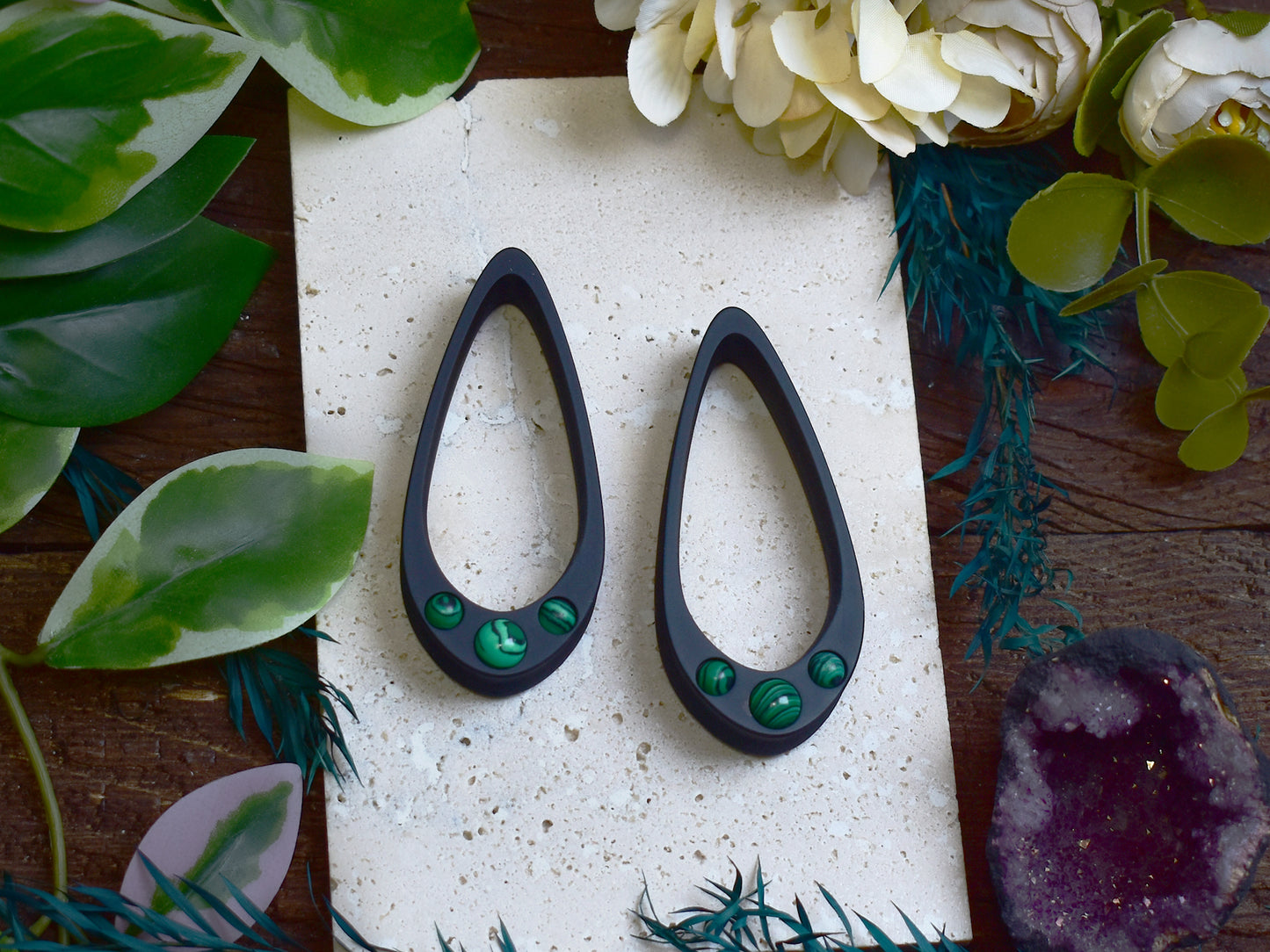 Long Teardrop Ear Plugs 25-100mm with Malachite