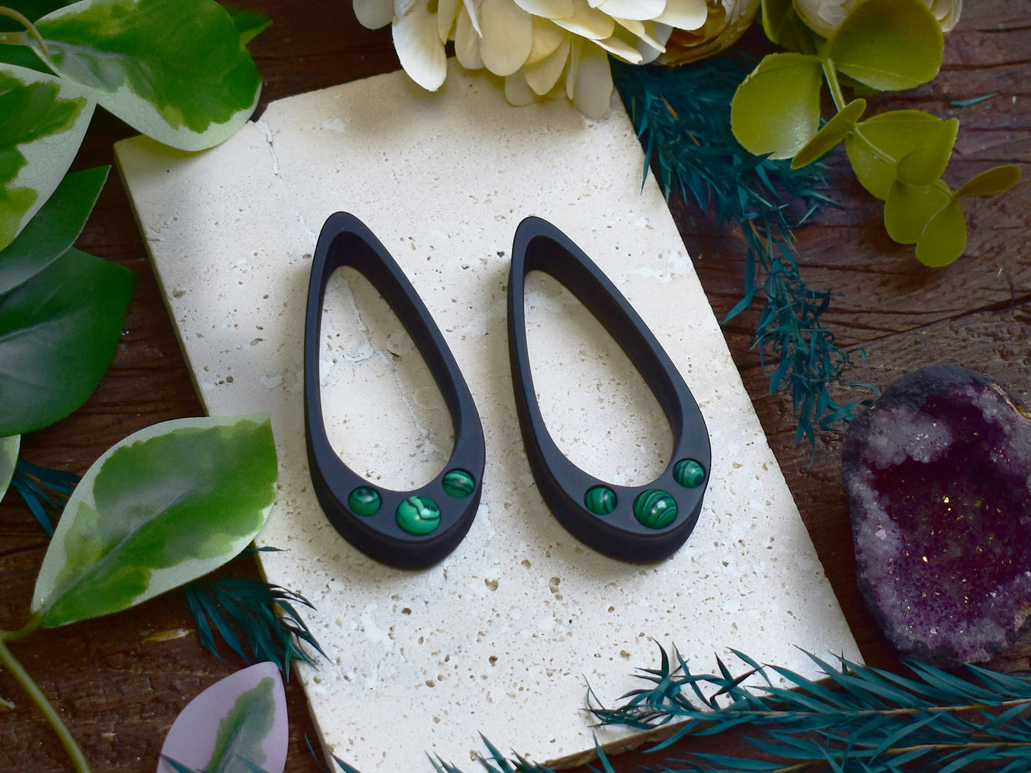 Long Teardrop Ear Plugs 25-100mm with Malachite