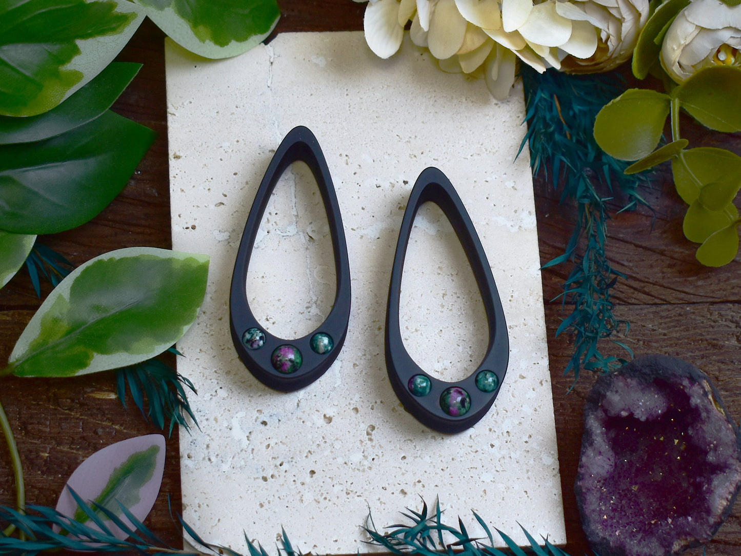Long Teardrop Ear Plugs 25-100mm with Ruby Zoisite