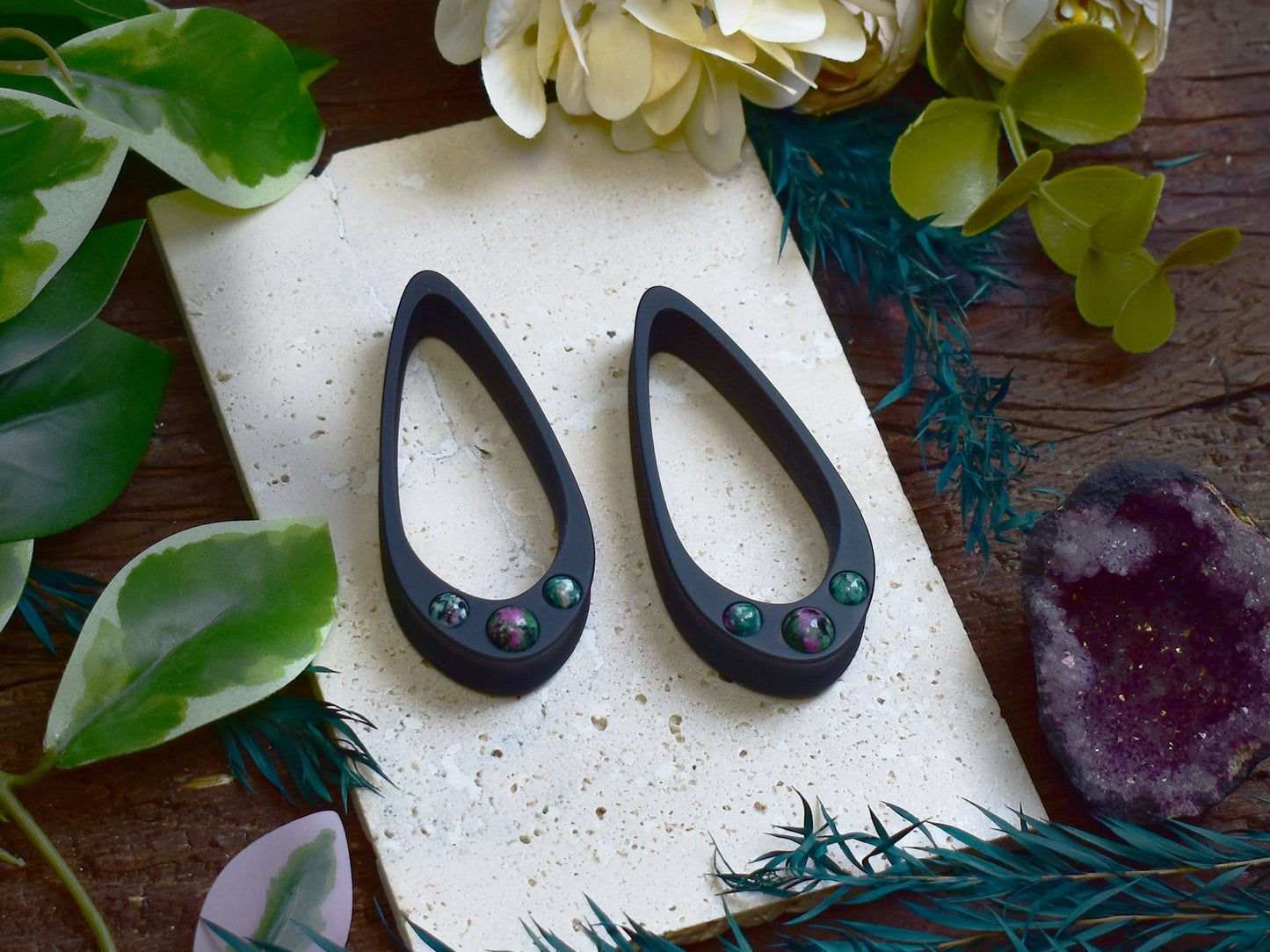 Long Teardrop Ear Plugs 25-100mm with Ruby Zoisite