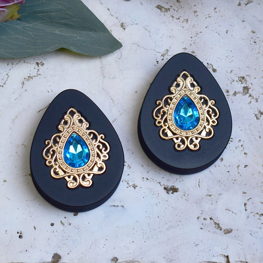 Teardrop Ear Plugs 34-60mm with Blue Crystal & Gold Victorian Decoration