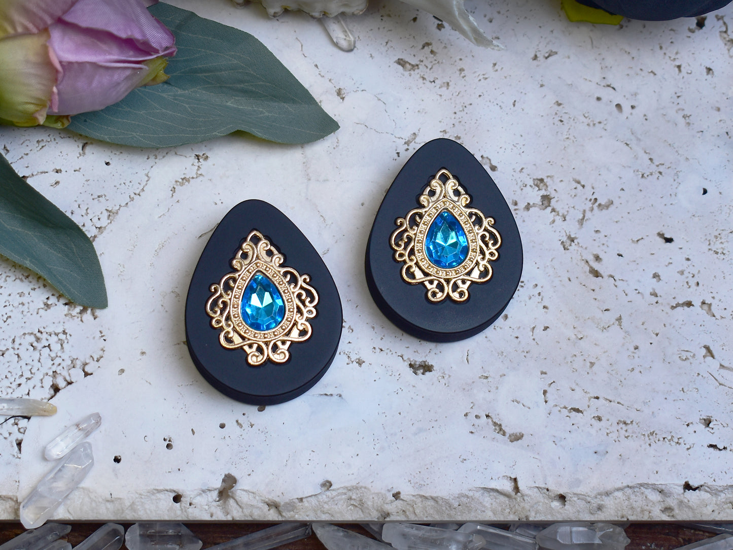 Teardrop Ear Plugs 34-60mm with Blue Crystal & Gold Victorian Decoration