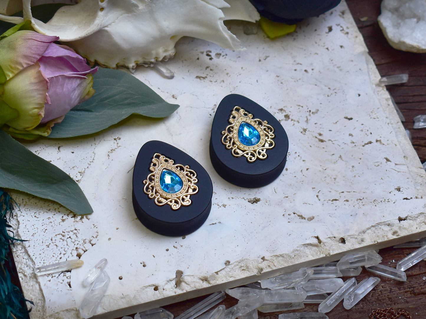 Teardrop Ear Plugs 34-60mm with Blue Crystal & Gold Victorian Decoration