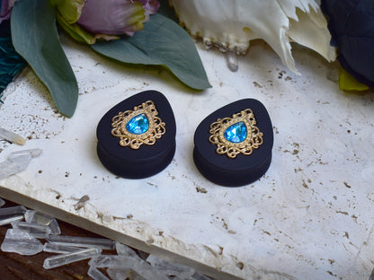 Teardrop Ear Plugs 34-60mm with Blue Crystal & Gold Victorian Decoration