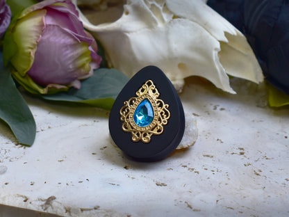 Teardrop Ear Plugs 34-60mm with Blue Crystal & Gold Victorian Decoration