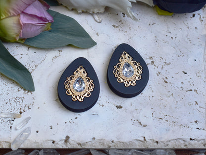 Teardrop Ear Plugs 34-60mm with Rainbow Crystal & Gold Victorian Decoration