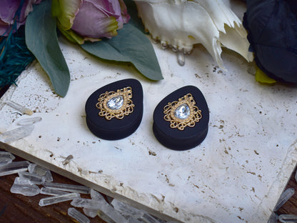 Teardrop Ear Plugs 34-60mm with Grey Crystal & Gold Victorian Decoration