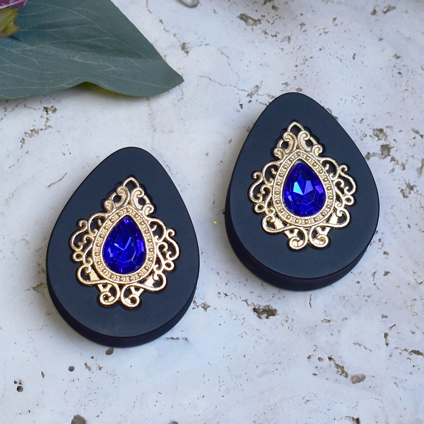 Teardrop Ear Plugs 34-60mm with Blue Crystal & Gold Victorian Decoration
