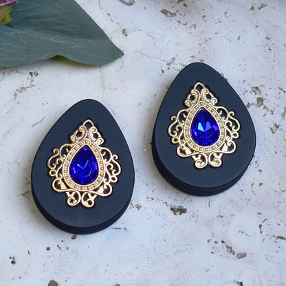 Teardrop Ear Plugs 34-60mm with Blue Crystal & Gold Victorian Decoration