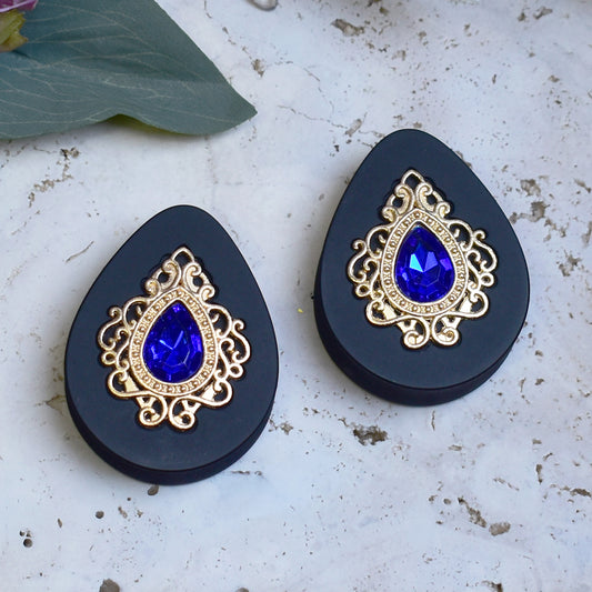 Teardrop Ear Plugs 34-60mm with Blue Crystal & Gold Victorian Decoration