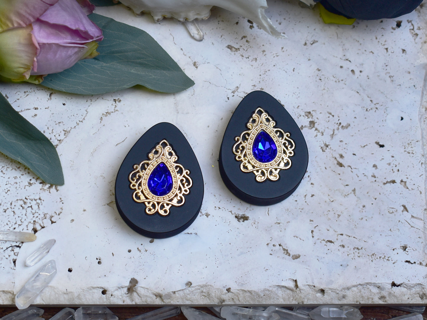 Teardrop Ear Plugs 34-60mm with Blue Crystal & Gold Victorian Decoration