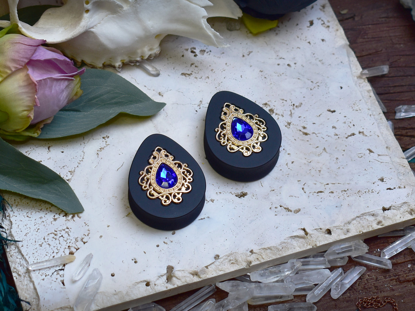 Teardrop Ear Plugs 34-60mm with Blue Crystal & Gold Victorian Decoration