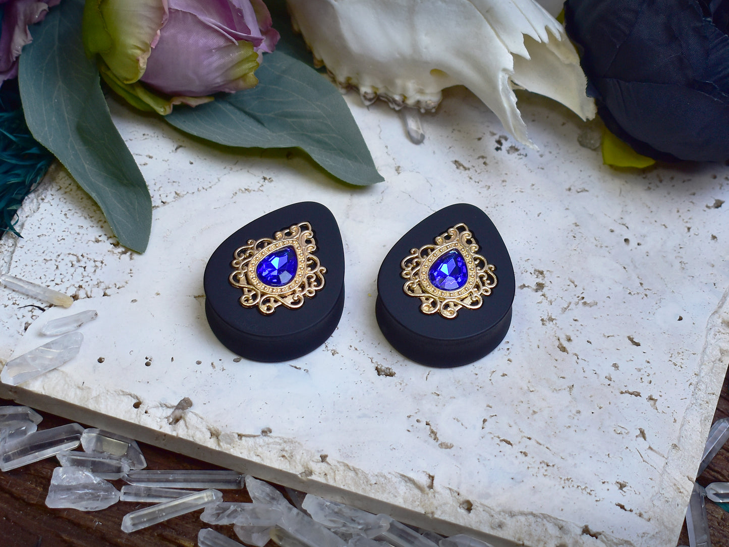Teardrop Ear Plugs 34-60mm with Blue Crystal & Gold Victorian Decoration