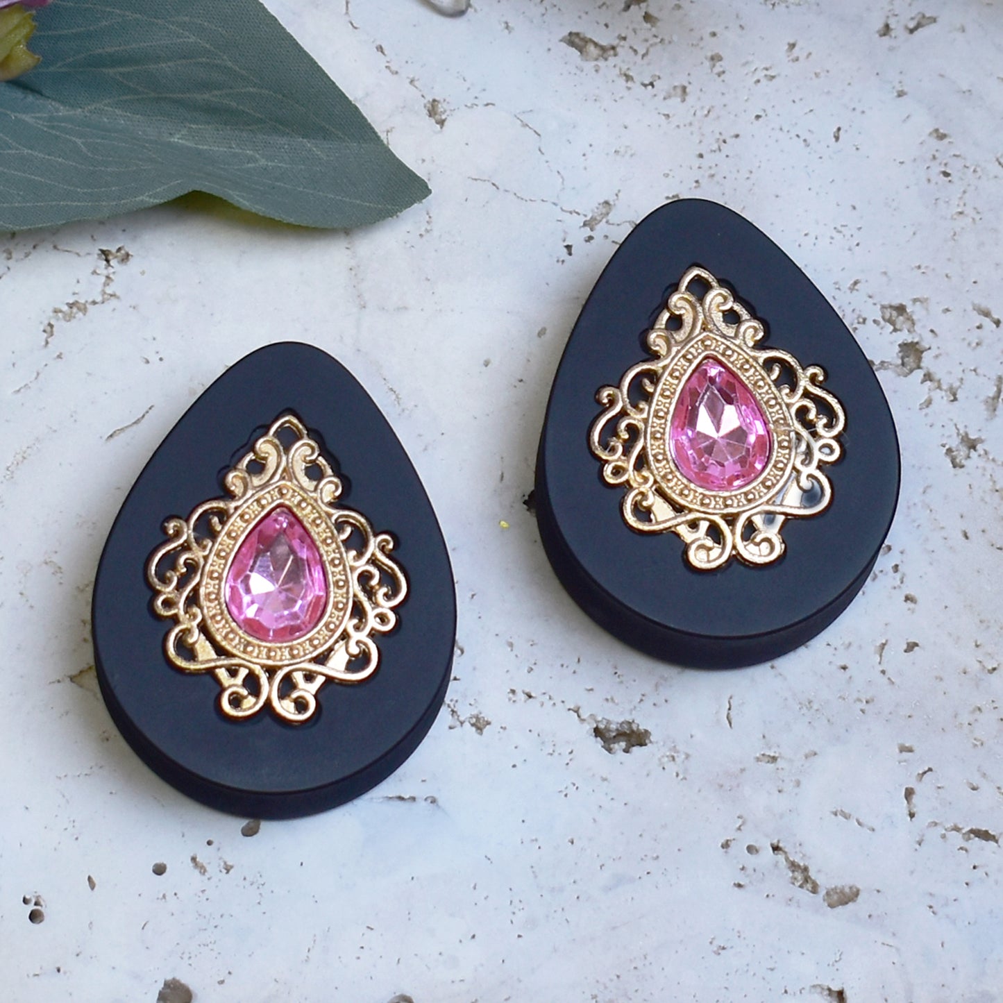 Teardrop Ear Plugs 34-60mm with Pink Crystal & Gold Victorian Decoration