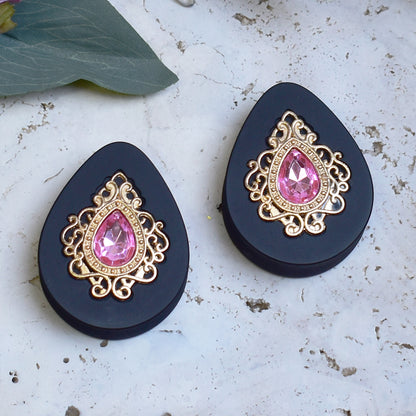 Teardrop Ear Plugs 34-60mm with Pink Crystal & Gold Victorian Decoration